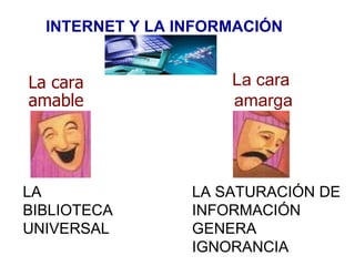 INTERNET Y LA INFORMACIÓN LA BIBLIOTECA UNIVERSAL LA SATURACIÓN DE INFORMACIÓN GENERA IGNORANCIA La cara  amable La cara  amarga 