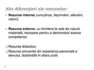 Alte diferențieri ale resurselor:
 Resurse interne( cunoștințe, deprinderi, atitudini,
valori);
 Resurse externe, cu trimitere la cele de natură
materială, necesare pentru a demonstra/ exersa
competența:
 Resurse didactice;
 Resurse provenite din experiența personală a
elevului, dobândită în afara școlii.
 