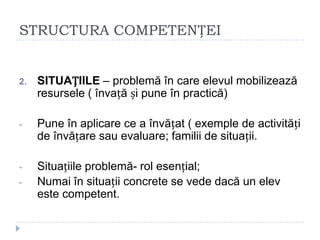 STRUCTURA COMPETENȚEI
2. SITUAȚIILE – problemă în care elevul mobilizează
resursele ( învață și pune în practică)
- Pune în aplicare ce a învățat ( exemple de activități
de învățare sau evaluare; familii de situații.
- Situațiile problemă- rol esențial;
- Numai în situații concrete se vede dacă un elev
este competent.
 