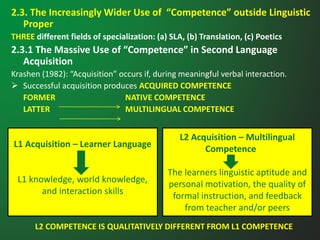L1 Acquisition – Learner Language
L1 knowledge, world knowledge,
and interaction skills
2.3. The Increasingly Wider Use of “Competence” outside Linguistic
Proper
THREE different fields of specialization: (a) SLA, (b) Translation, (c) Poetics
2.3.1 The Massive Use of “Competence” in Second Language
Acquisition
Krashen (1982): “Acquisition” occurs if, during meaningful verbal interaction.
 Successful acquisition produces ACQUIRED COMPETENCE
FORMER NATIVE COMPETENCE
LATTER MULTILINGUAL COMPETENCE
L2 COMPETENCE IS QUALITATIVELY DIFFERENT FROM L1 COMPETENCE
L2 Acquisition – Multilingual
Competence
The learners linguistic aptitude and
personal motivation, the quality of
formal instruction, and feedback
from teacher and/or peers
 