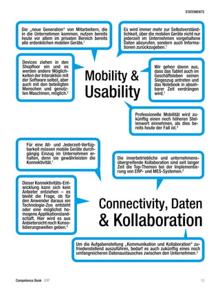 STATEMENTS
15Competence Book - ERP
Es wird immer mehr zur Selbstverständ-
lichkeit, über die mobilen Geräte nicht nur
jederzeit im Unternehmen vorgehaltene
Daten abzurufen, sondern auch Informa-
tionen zurückzugeben.1
Um die Aufgabenstellung „Kommunikation und Kollaboration“ zu-
friedenstellend auszuführen, bedarf es auch zukünftig eines noch
umfangreicheren Datenaustausches zwischen den Unternehmen.3
Für eine All- und Jederzeit-Verfüg-
barkeit müssen mobile Geräte durch-
gängig Einzug im Unternehmen er-
halten, denn sie gewährleisten die
Konnektivität.1
Devices ziehen in den
Shopfloor ein und es
werden andere Möglich-
keiten der Interaktion mit
der Software selbst, aber
auch mit den beteiligten
Menschen und genutz-
ten Maschinen, möglich.2
Mobility &
Usability
Wir gehen davon aus,
dass das Tablet auch im
Geschäftsleben seinen
Siegeszug antreten und
das Notebook in abseh-
barer Zeit verdrängen
wird.1
Die innerbetriebliche und unternehmens-
übergreifende Kollaboration sind seit langer
Zeit die Top-Themen bei der Implementie-
rung von ERP- und MES-Systemen.2
Die „neue Generation“ von Mitarbeitern, die
in die Unternehmen kommen, nutzen bereits
heute vor allem im privaten Bereich bereits
alle erdenklichen mobilen Geräte.1
Professionelle Mobilität wird zu-
künftig einen noch höheren Stel-
lenwert einnehmen, als dies be-
reits heute der Fall ist.3
Connectivity, Daten
& Kollaboration
Dieser Konnektivitäts-Ent-
wicklung kann sich kein
Anbieter entziehen – es
bleibt die Frage, ob für
den Anwender daraus ein
Technologie-Zoo entsteht
oder eine möglichst ho-
mogene Applikationsland-
schaft. Hier wird es aus
Anbietersicht noch Konso-
lidierungswellen geben.4
 