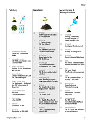 Einleitung Grundlagen Anwendungen &
Lösungsbausteine
INHALT
27Competence Book - ERP
6	 Unser Kompetenz-Netzwerk
	 Partner des Competence
Books
7	 Editorial Volker Schnittler
	 ERP 2020 Zukunft, aber keine
	 Science Fiction
10	 Grußwort Frank Naujoks
	 Gerüstet für den Wettbewerb 	
	von morgen
11	 Grußwort Otto Schell
	 ERP: Ein Wettlauf mit der Zeit 	
	um Zukunftsfähigkeit
12	 Grußwort Thorsten Reuper
	 ERP der Zukunft - die Zukunft 	
	des ERP hat gerade erst 		
	begonnen
13	 Grußwort Manfred Deues
	Maximale
	Prozesstransparenz
14	 Zahlen kompakt
	 Infografik ERP
18	 Statements
	 Statements zu ERP
22	 ERP 2020 I
	 Roundtable zu ERP 2020
32	 ERP 2020 I
	 Die ERP 2020-Initiative des 	
	VDMA vorgestellt
35	 ERP 2020 II
	 21 Thesen für das
	 ERP der 	Zukunft
40	 ERPAuswahl		 		
Die Zeit ist reif: Ein neues
	ERP-Auswahlverfahren
45	 ERP Einführung I
	 Stolperfallen bei der
	ERP-Einführung
47	 ERP Einführung II
	 ERP-Systeme einführen:
	 In drei Phasen zum Erfolg
50	 ERP Betrieb
	 ERP-Systeme wirtschaftlich
betreiben
54	 Wandlungsfähigkeit
	 Mehr Wandlungsfähigkeit
dank moderner ERP-Software
56	 ERP Trends	I
	 Vier Megatrends fordern
	 die gesamte IT-Industrie
60	 ERP Trends II
	 ERP Trends 2015
64	 ERP Trends III
	 Ihre digitale Zukunft und
warum Sie schon heute über
Ihr ERP nachdenken sollten!
68 	 ERP Trends IV
	 ERP/PPS im Kontext von
Industrie 4.0
74	 ERP 2020 III
	 Mobility, Connectivity,
	 Usability: Empirie zur
	 Trilogie der ERP 2020
76	 ERP 2020 IV
	 Mobility auf dem Vormarsch
78	 ERP 2020 V
	 Usability als Erfolgsfaktor
80	 ERP 2020 VI
	 Connectivity schafft die Basis
82	 Mobility
	 Das Büro in der Westentasche
	 Business-Software wird mobil
84	 Cloud
	 ERP in der Cloud
	 Zwei Trends zeichnen sich ab
86	 Usability
	 ERP 2020 und Industrie 4.0
	 Usability - next steps
88	 Herausforderungen	
	Herausforderung
	Prozessoptimierung
91	 Integration
	 Vorteile einer ERP/MES-
	Integration
93	 Internationalisierung
	 Wie ERP-Systeme
	 internationale Geschäftspro-	
	zesse unterstützen
96	 Branchenorientierung
	 ERP für Einzel- und Auftrags-
fertigung ist anders!
 