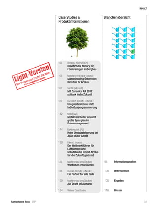 Case Studies &
Produktinformationen
Branchenübersicht
98	 Informationsquellen
100	 Unternehmen
105	 Experten
		
110	 Glossar
INHALT
31Competence Book - ERP
102	 Bergbau (KUMAVISION)
	 KUMAVISION factory für
Förderanlagen imBergbau
105	 Maschinenring Agrar (Asseco)
	 Maschinenring Österreich:
	 Ring frei für APplus
107	 Sanitär (Microsoft)
	 Mit Dynamics AX 2012
	 schlank in die Zukunft
109	 Kunststoff (COSMO CONSULT)
	 Integrierte Module statt
	Individualprogrammierung
112	 Metall (IAS)
	 Metallverarbeiter erreicht
große Synergien im
Datenmanagement
114	 Elektrotechnik (IAS)
	 Hohe Umsatzsteigerung bei
Jean Müller GmbH
120	 Fahrrad (Asseco)
	 Der Weltmarktführer für
Luftpumpen und
Schutzbleche ist mit APplus
für die Zukunft gerüstet
122	 Machinenbau (ams.Solution)
	 Wachstum organisieren	
126	 Diverse (COSMO CONSULT)
	 Ein Partner für alle Fälle
130	 Machinenbau (ams.Solution)
	 Auf Draht bei Aumann
134	 Weitere Case Studies
 