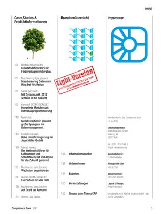 Case Studies &
Produktinformationen
Branchenübersicht
138	 Informationsquellen
139	 Unternehmen
144	 Experten
150	 Veranstaltungen
152	 Glossar zum Thema ERP
Impressum
Verantwortlich für das Competence Book
i.S. des TDG:
Geschäftsadresse:
NetSkill Solutions GmbH
Salierring 43
50677 Köln
Tel.: 0221 / 716 144 0
E-Mail: info@netskill.de
Geschäftsführer:
Dr. Winfried Felser
Amtsgericht Köln
HRB 82780
Steuernummer:
5214/5813/2595
Layout & Design:
Ahad Pirahmadian
© Copyright 2015 NetSkill Solutions GmbH - alle
Rechte vorbehalten.
INHALT
5Competence Book - ERP
102	 Bergbau (KUMAVISION)
	 KUMAVISION factory für
Förderanlagen imBergbau
105	 Maschinenring Agrar (Asseco)
	 Maschinenring Österreich:
	 Ring frei für APplus
107	 Sanitär (Microsoft)
	 Mit Dynamics AX 2012
	 schlank in die Zukunft
109	 Kunststoff (COSMO CONSULT)
	 Integrierte Module statt
	Individualprogrammierung
112	 Metall (IAS)
	 Metallverarbeiter erreicht
große Synergien im
Datenmanagement
114	 Elektrotechnik (IAS)
	 Hohe Umsatzsteigerung bei
Jean Müller GmbH
120	 Fahrrad (Asseco)
	 Der Weltmarktführer für
Luftpumpen und
Schutzbleche ist mit APplus
für die Zukunft gerüstet
122	 Machinenbau (ams.Solution)
	 Wachstum organisieren	
126	 Diverse (COSMO CONSULT)
	 Ein Partner für alle Fälle
130	 Machinenbau (ams.Solution)
	 Auf Draht bei Aumann
134	 Weitere Case Studies
 