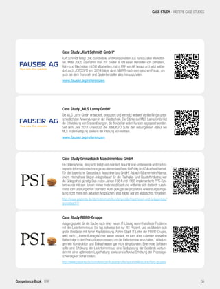 CASE STUDY - WEITERE CASE STUDIES
65Competence Book - ERP
Case Study „Kurt Schmidt GmbH“
Kurt Schmidt fertigt CNC-Sonderteile und Komponenten aus nahezu allen Werkstof-
fen. Mitte 2005 übernahm man mit Zeidler & Uhl einen Hersteller von Behältern,
Rohr- und Blechteilen mit 50 Mitarbeitern, nahm ERP von AP heraus und setzt seither
dort auch JOBDISPO ein. 2014 folgte dann NIWAR nach dem gleichen Prinzip, um
auch bei dem Trommel- und Spulenhersteller alles herauszuholen.
www.fauser.ag/referenzen
Case Study „MLS Lanny GmbH“
Die MLS Lanny GmbH entwickelt, produziert und vertreibt weltweit Ventile für die unter-
schiedlichsten Anwendungen in der Fluidtechnik. Die Stärke der MLS Lanny GmbH ist
die Entwicklung von Sonderlösungen, die flexibel an jeden Kunden angepasst werden.
Seit dem Jahr 2011 unterstützt die JOBDISPO Suite den reibungslosen Ablauf bei
MLS in der Fertigung sowie in der Planung von Ventilen.
www.fauser.ag/referenzen
Case Study Grenzebach Maschinenbau GmbH
Ein Unternehmen, das plant, fertigt und montiert, braucht eine umfassende und hochin-
tegrierte Informationstechnologie als elementare Basis für Erfolg und Zukunftssicherheit.
Für die bayerische Grenzebach Maschinenbau GmbH, Asbach-Bäumenheim/Hamlar,
einem international tätigen Anlagenbauer für die Flachglas- und Baustoffindustrie, war
die Gelegenheit günstig. Das in den Jahren 1984 und 1985 implementierte PPS-Sys-
tem wurde mit den Jahren immer mehr modifiziert und entfernte sich dadurch zuneh-
mend vom ursprünglichen Standard.Auch genügte die proprietäre Anwendungsumge-
bung nicht mehr den aktuellen Ansprüchen. Was folgte, war ein klassisches Vorgehen.
http://www.psipenta.de/de/referenzen/kundenprofile/maschinen-und-anlagenbau/
grenzebach1/
Case Study FIBRO-Gruppe
Ausgangspunkt für die Suche nach einer neuen IT-Lösung waren handfeste Probleme
mit der Liefertermintreue. Sie lag zeitweise bei nur 40 Prozent, und es bildeten sich
große Bestände mit hoher Kapitalbindung. Achim Stapf, IT-Leiter der FIBRO-Gruppe,
weiß noch: „Unsere Auftragsbücher waren randvoll, es kam aber zu keiner sinnvollen
Reihenfolge in den Produktionsprozessen, um die Liefertermine einzuhalten.“ Abteilun-
gen wie Konstruktion und Einkauf waren gar nicht eingebunden. Eine neue Software
sollte eine Erhöhung der Liefertermintreue, eine Reduzierung der Bestände verbun-
den mit einer optimierten Lagerhaltung sowie eine effektive Erhöhung der Prozessge-
schwindigkeit sicher stellen.
http://www.psipenta.de/de/referenzen/kundenprofile/automobilindustrie/fibro-gruppe/
 