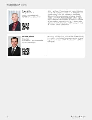 Karl M. Tröger, Head of Product Management, verantwortet die strate-
gische Ausrichtung des Produktportfolios bei der PSIPENTA Software
Systems GmbH. Auf Basis seiner nationalen und internationalen
Stationen in der Fertigungsindustrie, stellt er heute das Bindeglied
zwischen Kunden, Markt, Wissenschaft und dem Software-Enginee-
ring dar. Seine Erfahrungen sammelte er als Senior Product Engineer
bei einem kanadisch-israelischen Konzern, als IT-Projektleiter sowie
später als Leiter der Produktentwicklung für ERP-Lösungen innerhalb
der PSIPENTA Software Systems GmbH.
Tröger, Karl M.
KTroeger@psipenta.de
Head of Product Management
PSIPENTA Software Systems GmbH
Dipl.-Wi.-Ing. Thomas Wochinger ist Gruppenleiter Produktionsplanung
und -steuerung in der Abteilung Auftragsmanagement und Wertschöp-
fungsnetze des Fraunhofer-Institut für Produktionstechnik und Automa-
tisierung (IPA).
Wochinger, Thomas
Gruppenleiter
Fraunhofer-Institut für Produktionstechnik
und Automatisierung (IPA)
BRANCHENÜBERSICHT - EXPERTEN
80 Competence Book - ERP
 