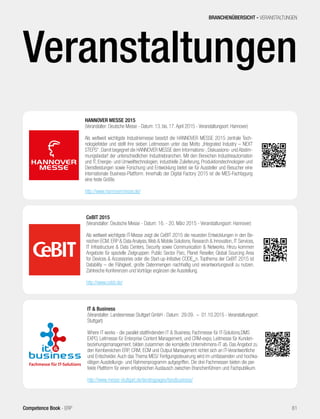 BRANCHENÜBERSICHT - VERANSTALTUNGEN
81Competence Book - ERP
Veranstaltungen
HANNOVER MESSE 2015
(Veranstalter: Deutsche Messe - Datum: 13. bis. 17.April 2015 - Veranstaltungsort: Hannover)
Als weltweit wichtigste Industriemesse besetzt die HANNOVER MESSE 2015 zentrale Tech-
nologiefelder und stellt ihre sieben Leitmessen unter das Motto „Integrated Industry – NEXT
STEPS“. Damit begegnet die HANNOVER MESSE dem Informations-, Diskussions- und Abstim-
mungsbedarf der unterschiedlichen Industriebranchen. Mit den Bereichen Industrieautomation
und IT, Energie- und Umwelttechnologien, industrielle Zulieferung, Produktionstechnologien und
Dienstleistungen sowie Forschung und Entwicklung bietet sie für Aussteller und Besucher eine
internationale Business-Plattform. Innerhalb der Digital Factory 2015 ist die MES-Fachtagung
eine feste Größe.
http://www.hannovermesse.de/
CeBIT 2015
(Veranstalter: Deutsche Messe - Datum: 16. - 20. März 2015 - Veranstaltungsort: Hannover)
Als weltweit wichtigste IT-Messe zeigt die CeBIT 2015 die neuesten Entwicklungen in den Be-
reichen ECM, ERP & Data Analysis,Web & Mobile Solutions, Research & Innovation, IT Services,
IT Infrastructure & Data Centers, Security sowie Communication & Networks. Hinzu kommen
Angebote für spezielle Zielgruppen: Public Sector Parc, Planet Reseller, Global Sourcing Area
for Devices & Accessories oder die Start-up-Initiative CODE_n. Topthema der CeBIT 2015 ist
Datability – die Fähigkeit, große Datenmengen nachhaltig und verantwortungsvoll zu nutzen.
Zahlreiche Konferenzen und Vorträge ergänzen die Ausstellung.
http://www.cebit.de/
IT & Business
(Veranstalter: Landesmesse Stuttgart GmbH - Datum: 29.09. – 01.10.2015 - Veranstaltungsort:
Stuttgart)
Where IT works - die parallel stattfindenden IT & Business, Fachmesse für IT-Solutions,DMS
EXPO, Leitmesse für Enterprise Content Management, und CRM-expo, Leitmesse für Kunden-
beziehungsmanagement, bilden zusammen die komplette Unternehmens-IT ab. Das Angebot zu
den Kernbereichen ERP, CRM, ECM und Output Management richtet sich an IT-Verantwortliche
und Entscheider. Auch das Thema MES/ Fertigungssteuerung wird im umfassenden und hochka-
rätigen Ausstellungs- und Rahmenprogramm aufgegriffen. Die drei Fachmessen bieten die per-
fekte Plattform für einen erfolgreichen Austausch zwischen Branchenführern und Fachpublikum.
http://www.messe-stuttgart.de/landingpages/itandbusiness/
 
