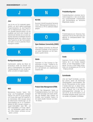 J
Java
Java ist eine von Sun entwickelte objekto-
rientierte und damit plattformunabhängige
Programmiersprache, da Java-Programme
nicht auf Maschinencode, sondern auf ei-
nem speziellen Bytecode basieren. Aus den
Quelltexten wird durch einen Compiler ein
Zwischencode übersetzt, der von einem ge-
eigneten Interpreter auf beliebigen Rechnern
abgearbeitet werden kann, dadurch können
Java-Programme auf allen Rechnerplattfor-
men laufen, für die ein passendes Interpre-
terprogramm existiert.
K
Konfigurationssystem
Expertensystem, welches das Wissen der
Konstrukteure enthält. Der Verkäufer kann
damit im Verkaufsgespräch eine passende
Produktkonfiguration für den Kunden aus-
wählen und sofort ein Angebot abgeben.
M
MES
Manufacturing Execution System: Ferti-
gungs- und Prozessleitsystem, Bindeglied
zwischen SPS oder IPC auf der Fertigungs-
und Prozess-Seite sowie ERP-Systemen in
der Administration. MES-Lösungen decken
die leittechnischen Anforderungen von der
Steuerungsebene bis hin zur Produktions-
leitebene ab. MES-Lösungen umfassen u.a.
Scada-Funktionalitäten sowie MDE- und
BDE-Funktionalitäten, um Prozess-, Maschi-
nen- und Betriebsdaten sowohl online als
auch offline erfassen, archivieren und aus-
werten zu können.
N
NC/CNC
Numerical Control/Computerized Numerical
Control: Werkzeugmaschinensteuerung, im
Unterschied zur SPS für zeitkritische Abläufe
geeignet.
O
Open Database Connectivity (ODBC)
Open Database Connectivity. Von Microsoft
entwickelte Schnittstelle, mit der Programme
und andere Datenbanken auf SQL-Daten-
banken zugreifen können.
Odette
Organisation for Data Exchange by Tele-
transmission in Europe - Protokoll zur Da-
tenübertragung im EDI-Bereich, das vor al-
lem in der Automobil- und –Zulieferindustrie
eingesetzt wird.
P
Product Data Management (PDM)
Product Data Management: System zur
Produktdatenverwaltung. Durch den Einsatz
der PDM-Technologie soll erreicht werden,
dass alle Beteiligten (etwa Zulieferer und
Hersteller) eines kompletten Systems mit
den jeweils aktuellen Versionen und Varian-
ten arbeitet.
Produktkonfigurator
Produktkonfiguratoren unterstützen das Va-
riantenmanagement, in dem sie die Gestal-
tung kundenindividueller Produktvarianten
unter Berücksichtigung der technischen
Möglichkeiten erlauben.
PPS
Produktionsplanung und –Steuerung: Orga-
nisatorischer Teil von ERP, steht heute auch
allgemein für betriebswirtschaftliche Stan-
dardsoftware.
Scada
Supervisory Control and Data Acquisition:
Systeme, die in der Industrie eingesetzt
werden, um den Fertigungsablauf zu über-
wachen. Sie sind in hohem Maße konfigu-
rierbar und normalerweise per SPS mit der
Fertigung verknüpft.
Schnittstelle
Unter dem Begriff Schnittstelle, auch Inter-
face genannt, werden alle Verbindungen
(Übergangsstellen) zusammengefasst, über
die eine DVKomponente mit einer anderen
in Kontakt treten kann. Zu diesen Kompo-
nenten zählen Hardware und Software und
auch der Mensch, der in das Datenver-
arbeitungsgeschehen einbezogen ist. Je
nach der Art, wie die Informationen an der
Schnittstelle übergeben werden, spricht man
von seriellen und parallelen Schnittstellen.
S
BRANCHENÜBERSICHT - GLOSSAR
86 Competence Book - ERP
 