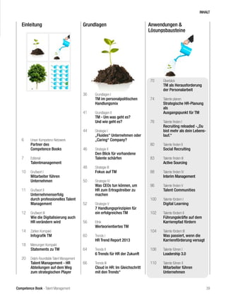 Competence Book - Talent Management
Einleitung Grundlagen Anwendungen &
Lösungsbausteine
INHALT
39
6	 Unser Kompetenz-Netzwerk
Partner des
Competence Books
7	 Editorial
	Talentmanagement
10	 Grußwort I
Mitarbeiter führen
Unternehmen
11	 Grußwort II
Unternehmenserfolg
durch professionelles Talent
Management
12	 Grußwort III
	 Wie die Digitalisierung auch
HR verändern wird
14	 Zahlen Kompakt
Infografik TM
18	 Meinungen Kompakt
Statements zu TM
20	 Delphi-Roundtable Talent Management
Talent Management - HR
Abteilungen auf dem Weg
zum strategischen Player
70	 Überblick
TM als Herausforderung
der Personalarbeit
74	 Talente planen
Strategische HR-Planung
als
Ausgangspunkt für TM
76	 Talente finden I
Recruiting reloaded -„Du
bist mehr als dein Lebens-
lauf.“
80	 Talente finden II
Social Recruiting
83	 Talente finden III
Active Sourcing
88	 Talente finden IV
Interim Management
96	 Talente finden V
Talent Communities
100	 Talente fördern I
Digital Learning
102	 Talente fördern II
Führungskräfte auf dem
Karrierepfad fördern
104	 Talente fördern III
Was passiert, wenn die
Karriereförderung versagt
106	 Talente führen I
Leadership 3.0
110	 Talente führen II
Mitarbeiter führen
Unternehmen
36	 Grundlagen I
TM im personalpolitischen
Handlungsmix
41	 Grundlagen II
TM - Um was geht es?
Und wie geht es?
44	 Strategie I
„Fluides“ Unternehmen oder
„Caring“ Company?
46	 Strategie II
Den Blick für vorhandene
Talente schärfen
48	 Strategie III
Fokus auf TM
50	 Strategie IV
Was CEOs tun können, um
HR zum Ertragstreiber zu
machen
52	 Strategie V
7 Handlungsprinzipien für
	 ein erfolgreiches TM
56	 Ethik
Werteorientiertes TM
60	 Trends I
HR Trend Report 2013
64	 Trends II
6 Trends für HR der Zukunft
66	 Trends III
Cloud in HR: Im Gleichschritt
mit den Trends“
 
