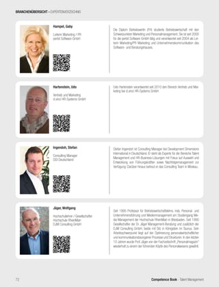 Competence Book - Talent Management
Udo Hartenstein verantwortet seit 2010 den Bereich Vertrieb und Mar-
keting bei d.vinci HR-Systems GmbH.
Hartenstein, Udo
Vertrieb und Marketing
d.vinci HR-Systems GmbH
Stefan Ingendoh ist Consulting Manager bei Development Dimensions
International in Deutschland. Er steht als Experte für die Bereiche Talent
Management und HR-Business-Lösungen mit Fokus auf Auswahl und
Entwicklung von Führungskräften sowie Nachfolgemanagement zur
Verfügung. Darüber hinaus betreut er das Consulting Team in Moskau.
Ingendoh, Stefan
Consulting Manager
DDI Deutschland
Seit 1995 Professor für Betriebswirtschaftslehre, insb. Personal- und
Unternehmensführung und Medienmanagement am Studiengang Me-
dia Management der Hochschule RheinMain in Wiesbaden. Seit 1990
Gesellschafter der Dr. Jäger Management-Beratung und zusätzlich der
DJM Consulting GmbH, beide mit Sitz in Königstein im Taunus. Sein
Arbeitsschwerpunkt liegt auf der Optimierung personalwirtschaftlicher
und kommunikationsbezogener Prozesse und Strukturen. In den letzten
10 Jahren wurde Prof. Jäger von der Fachzeitschrift „Personalmagazin“
wiederholt zu einem der führenden Köpfe des Personalwesens gewählt.
Jäger, Wolfgang
Hochschullehrer / Gesellschafter
Hochschule RheinMain
DJM Consulting GmbH
Die Diplom Betriebswirtin (FH) studierte Betriebswirtschaft mit den
Schwerpunkten Marketing und Personalmanagement. Sie ist seit 2000
für die perbit Software GmbH tätig und verantwortet seit 2004 als Lei-
terin Marketing/PR Marketing und Unternehmenskommunikation des
Software- und Beratungshauses.
Hampel, Gaby
Leiterin Marketing / PR
perbit Software GmbH
BRANCHENÜBERSICHT - EXPERTENVERZEICHNIS
72
 