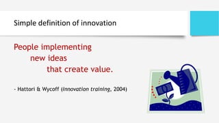 Simple definition of innovation
People implementing
new ideas
that create value.
- Hattori & Wycoff (Innovation training, 2004)
 