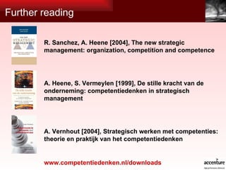 Further reading R. Sanchez, A. Heene [2004], The new strategic management: organization, competition and competence A. Heene, S. Vermeylen [1999], De stille kracht van de onderneming: competentiedenken in strategisch management  A. Vernhout [2004], Strategisch werken met competenties: theorie en praktijk van het competentiedenken www.competentiedenken.nl/downloads 