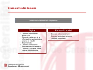 Cross-curricular domains
Digital Personal i social
• Dimensió autoconeixement
• Dimensió aprendre a aprendre
• Dimensió participació
Cross-curricular domains and competences
• Dimensió instruments i
aplicacions
• Dimensió tractament de la
informació i organització dels
entorns de treball i
d’aprenentatge
• Dimensió comunicació
interpersonal i col·laboració
• Dimensió ciutadania, hàbits,
civisme i identitat digital
 