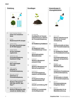 Competence Book - Personaleinsatzplanung
Einleitung Grundlagen Anwendungen &
Lösungsbausteine
40	Grundbegriffe	
	 Grundbegriffe der Personal-	
	 bedarfsrechnung im Rahmen 	
	 der Personaleinsatzplanung
45	 Treiber I
	 Die Flexibilisierung flexibilisieren
48	 Treiber II
	 HR-Megatrends fordern
	 Personalabteilungen heraus
49	 Treiber III
	Wertschöpfungsfaktor
	Mitarbeitereinsatz
56	 Ergebnisse I
	 Workforce Management 		
	 produziert Erfolg
60	 Ergebnisse II
	 Workforce Management auf 	
	 Mehrwert programmiert
62	 Ergebnisse III
	 Personaleinsatzplanung: 		
	 Anspruch und Wirklichkeit!
65	 Vorgehen I
	 Ein Vorgehensmodell zur 		
	 bedarfsorientierten PEP
69	 Vorgehen II			
	 Auswahl und Einführung PEP
72	 Vorgehen III			
	 Ursachen für innerbetriebli-	
	 che Konfliktpotenziale
78	 Zeit & Zutritt
	 Moderne Zeiterfassung als 	
	 Basis für die Personal-
	einsatzplanung
80	 Modelle
	 Arbeitszeitmodelle als Basis 	
	 einer Personaleinsatzplanung
82	 Methoden
	 Ein idealtypisches Beispiel 	
	zur Personalbedarfsrechnung
85	 Planung I
	 Personaleinsatzplanung in 	
	 Zeiten des demografischen 	
	Wandels
89	 Planung II
	 Arbeiten nach
	Wunschdienstplan
93	 Planung III
	 Automatische Einsatzplanung 	
	 und Wunschdienstplanung
97	 Kennzahlen
	 HR-Kennzahlen im Kontext 	
	 der Personaleinsatzplanung
99	 Mensch I
	 Personaleinsatzplanung:
	 Erfolgsfaktor Mensch
103	 Mensch II
	 Lösungsansätze für die
	Mitarbeiterzentrierung
6	 Unser Kompetenz-Netzwerk
	 Partner des Competence
Books
7	 Editorial
	 Wandel braucht HR-Lösungen
10	 Grußwort GFOS
	 Den neuen Herausforderungen
der HR-Welt begegnen
11	 Grußwort ATOSS
	 Auf den Chefetagen
angekommen
12	 Grußwort bm-orga
	 Personaleinsatzplanung:
Realistische Erfolge
14	 Grußwort ISGUS
	 Noch ungeschöpfte
Potenziale
16	 Zahlen kompakt
	 Infografik zur
Personaleinsatzplanung
20	 Meinungen kompakt
	 Statements zur
Personaleinsatzplanung
24	 Delphi-Roundtable Personaleinsatzplanung
Workforce Management
2020: Was sind die „Next
Steps“?
36	 Workforce Management 2020
	 Workforce Management 2020:
Jenseits der aktuellen Hypes
INHALT
4
 