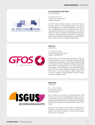 Competence Book - Personaleinsatzplanung 71
GFOS mbH
www.gfos.com
Tel.: +49 201 61300-0
Ihr Kontakt: Miriam Czepluch-Staats
czepluch.miriam@gfos.com
Die GFOS mbH ist ein führender Anbieter ganzheitlicher IT-Lösungs-
konzepte. Angefangen bei einer umfassenden Beratung bietet das
mittelständische Unternehmen zukunftsorientierte Softwarelösungen
in den Bereichen Workforce Management, Manufacturing Execution
System (MES) und Zutrittskontrolle aus einer Hand und liefert damit
die Grundlage fundierter Management- sowie Mitarbeiterentschei-
dungen. Mit der modularen Softwarefamilie gfos können Bedarfe
jeder Branche und Unternehmensgröße optimal abgedeckt und
zu einem umfassenden mehrdimensionalen Ressourcen-Manage-
ment-System ausgebaut werden.
ISGUS GmbH
www.isgus.de
Tel.: +49 724 37005-0
Ihr Kontakt: Klaus Wössner
kwoessner@isgus.de
Isgus ist Anbieter von Lösungen und Beratungsleistungen für alle
Prozesse rund um die Zeit- und Datenerfassung. Gleich unter meh-
reren Aspekten ist Isgus das führende Software- und Systemhaus für
Zeiterfassung, Personaleinsatzplanung, Zutrittskontrolle und Betriebs-
/Maschinendatenerfassung und umfassenden MES-Lösungen für die
Industrie.
Isgus ist der erste Anbieter, der den Kunden die Wahl lässt, den
kompletten Lösungsumfang im eigenen Haus, in der eigenen IT zu
betreiben oder als SaaS (Software as a Service) im Isgus eigenen
Rechenzentrum “outzusourcen“.
Dr. Scherf Schütt & Zander GmbH
www.ssz-beratung.de
Tel.: 089 / 437372-59
Ihr Kontakt: Dr. Burkhard Scherf
info@ssz-beratung.de
Dr. Scherf Schütt & Zander vereinigt das Know-How einiger der
führenden Experten im deutschsprachigen Raum in den Themen
Personaleinsatzplanung und Arbeitszeitflexibilisierung. Gestützt auf
Fach- und Methoden-Kompetenz aus langjähriger Projekt- und Füh-
rungsverantwortung bieten wir Beratungsleistungen für eine effektive,
flexible und exakt an den jeweiligen Bedarf angepasste Personalein-
satzplanung: Arbeitszeitberatung, Schichtplanung, Personaleinsatz-
planung, Demografieanalyse, Projektmanagement, Change Manage-
ment, Coaching, Seminare, HR-Softwareauswahlprozesse
BRANCHENÜBERSICHT - UNTERNEHMEN
 
