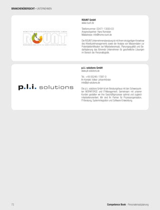 Competence Book - Personaleinsatzplanung72
p.l.i. solutions GmbH
www.pli-solutions.de
Tel.: +49 05246 / 7087-0
Ihr Kontakt: Volker Johannhörster
info@pli-solutions.de
Die p.l.i. solutions GmbH ist ein Beratungshaus mit den Schwerpunk-
ten WORKFORCE und IT-Management. Gemeinsam mit unseren
Kunden gestalten wir ihre Geschäftsprozesse optimal und zugleich
mitarbeiterorientiert. Wir sind Ihr Partner für Prozessorganisation,
IT-Beratung, Systemintegration und Software-Entwicklung.
BRANCHENÜBERSICHT - UNTERNEHMEN
ROUNT GmbH
www.rount.de
Telefonnummer: 02471-13593-03
Ansprechpartner: Hans Romeiser
Mailadresse: info@home.rount.de
Die ROUNT Unternehmensberatung ist mit ihrem einzigartigen Knowhow
des Arbeitszeitmanagements sowie der Analyse von Massendaten zur
Potentialidentifikation bei Mitarbeitereinsatz, Planungsqualität und Be-
darfsplanung das führende Unternehmen für ganzheitliche Lösungen
im Bereich der Personallogistik.
 
