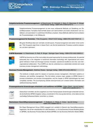 126
Competence Book Nr. 1
BPM - Business Process Management
Subjektorientiertes Prozessmanagement - A.Fleischmann, W. Schmidt, C. Stary, S. Obermeier, E. Börger 	
					 - Carl Hanser Verlag - ISBN 978-3-446-42707-5
Subjektorientiertes Prozessmanagement ist eine neue umfassende Methode zur Gestaltung von Ge-
schäftsprozessen. Komplexe Sachverhalte lassen sich damit einfach und intuitiv strukturieren und mo-
dellieren und automatisch in ausführbare Workflows umsetzen. Diese Methode stellt die Kommunikation
der Prozessbeteiligten in den Mittelpunkt.
Prozessmanagement für Dummies - Thilo Knuppertz - WILEY-VCH Verlag - ISBN 978-3-527-70371-5
S-BPM Illustrated - A. Fleischmann, S. Raß, R. Singer - Springer Open Verlag - ISBN 978-3-642-36903-2
Business Process Management - Matthias Weske - Springer Verlag - ISBN 978-3-642-28616-2
Prozessgesteuerte Anwendungen entwickeln und ausführen mit BPMN - Volker Stiehl - dpunkt.Verlag -
									 ISBN 978-3-86490-007-5
Basiswissen Geschäftsprozessmanagement - T. Weilkiens, C. Weiss, A. Grass - dpunkt.Verlag -
						 ISBN 978-3-89864-647-5
Mit guten Workflows lässt sich viel Geld und Zeit sparen, Prozessmanagement wird daher immer wichti-
ger. Thilo Knuppertz zeigt Ihnen in diesem Buch, wie Sie die bestehenden Prozesse zunächst analysie-
ren und dann optimieren.
S-BPM has become one of the most widely discussed approaches for process professionals. Its potential
particularly lies in the integration of advanced information technology with organizational and mana-
gerial methods to foster and leverage business innovation, operational excellence and intra- and inter-
organizational collaboration. Thus S-BPM can also be understood as a stakeholder-oriented and social
business process management methodology.
This textbook is ideally suited for classes on business process management, information systems ar-
chitecture, and workflow management. This 2nd edition contains major updates on BPMN Version 2
process orchestration and process choreographies, and the chapter on BPM methodologies has been
completely rewritten. The accompanying website www.bpm-book.com contains further information and
additional teaching material.
Dieses Buch vermittelt, wie Sie ausgehend von Ihren Fachprozessen Anwendungen entwickeln können,
die die fachlichen BPMN-Vorgaben nahezu unverändert in Ihre Lösung übernehmen, ohne dabei auf eine
nachhaltige Softwarearchitektur verzichten zu müssen.
Die Object Management Group (OMG) engagiert sich verstärkt im Bereich des Geschäftsprozessma-
nagements. Sie ist hier verantwortlich für viele Standards, u.a. für die Business Process Modeling Notati-
on (BPMN), das Business Process Maturity Model (BPMM) und das Business Motivation Model (BMM).
 
