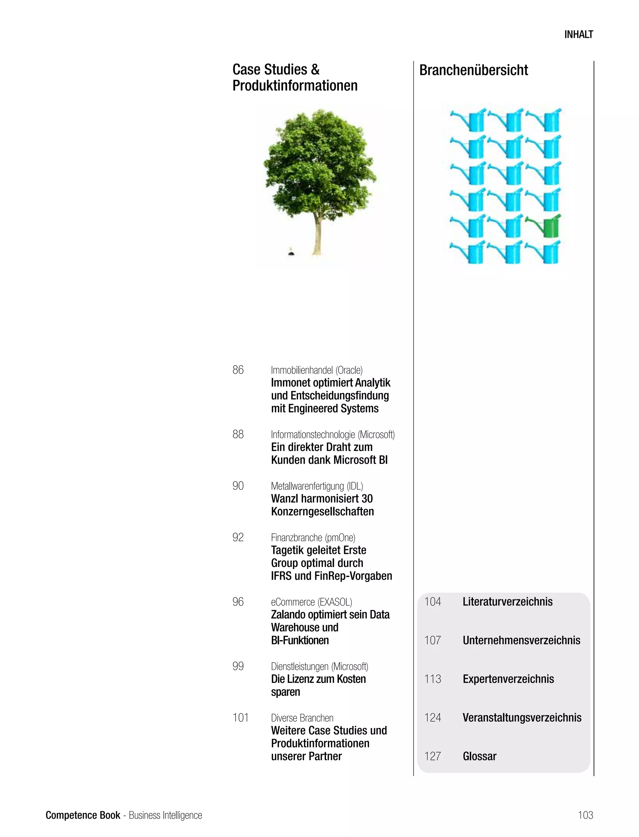 Competence Book - Business Intelligence
Case Studies 
Produktinformationen
Branchenübersicht
86	 Immobilienhandel (Oracle)
	 Immonet optimiert Analytik 	
	 und Entscheidungsfindung 	
	 mit Engineered Systems
88	 Informationstechnologie (Microsoft)
	 Ein direkter Draht zum
	 Kunden dank Microsoft BI
90	 Metallwarenfertigung (IDL)
	 Wanzl harmonisiert 30
	Konzerngesellschaften
92	 Finanzbranche (pmOne)
	 Tagetik geleitet Erste
	 Group optimal durch 		
	 IFRS und FinRep-Vorgaben
96	 eCommerce (EXASOL)
	 Zalando optimiert sein Data 	
	 Warehouse und
	BI-Funktionen
99	 Dienstleistungen (Microsoft)
	 Die Lizenz zum Kosten
	sparen
101	 Diverse Branchen
	 Weitere Case Studies und 	
	Produktinformationen
	 unserer Partner
104	 Literaturverzeichnis
107	 Unternehmensverzeichnis
113	 Expertenverzeichnis
124	 Veranstaltungsverzeichnis
		
127	 Glossar
INHALT
103
 