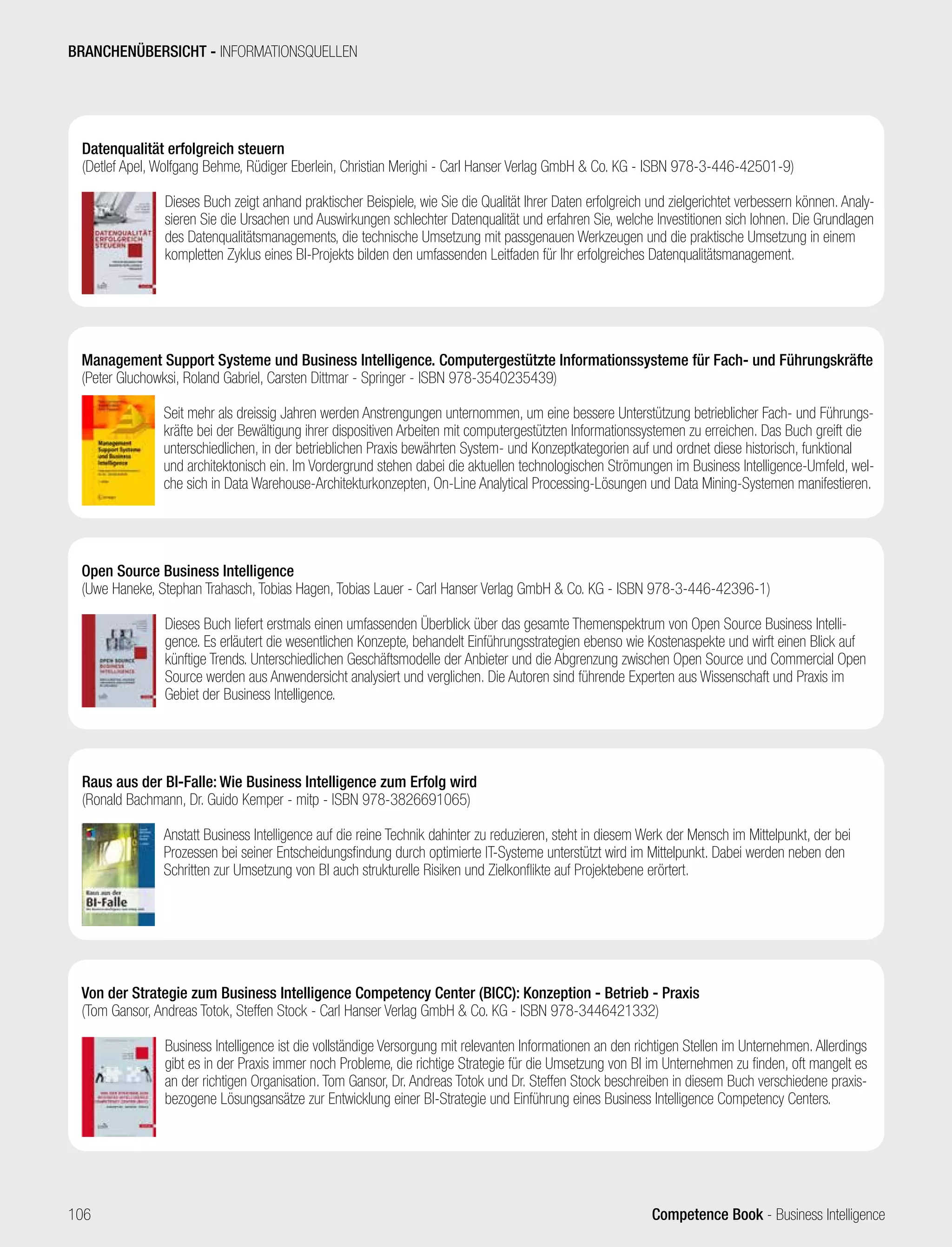 Competence Book - Business Intelligence
Raus aus der BI-Falle: Wie Business Intelligence zum Erfolg wird
(Ronald Bachmann, Dr. Guido Kemper - mitp - ISBN 978-3826691065)
	
Anstatt Business Intelligence auf die reine Technik dahinter zu reduzieren, steht in diesem Werk der Mensch im Mittelpunkt, der bei
Prozessen bei seiner Entscheidungsfindung durch optimierte IT-Systeme unterstützt wird im Mittelpunkt. Dabei werden neben den
Schritten zur Umsetzung von BI auch strukturelle Risiken und Zielkonflikte auf Projektebene erörtert.
Von der Strategie zum Business Intelligence Competency Center (BICC): Konzeption - Betrieb - Praxis
(Tom Gansor, Andreas Totok, Steffen Stock - Carl Hanser Verlag GmbH  Co. KG - ISBN 978-3446421332)
	
Business Intelligence ist die vollständige Versorgung mit relevanten Informationen an den richtigen Stellen im Unternehmen. Allerdings
gibt es in der Praxis immer noch Probleme, die richtige Strategie für die Umsetzung von BI im Unternehmen zu finden, oft mangelt es
an der richtigen Organisation. Tom Gansor, Dr. Andreas Totok und Dr. Steffen Stock beschreiben in diesem Buch verschiedene praxis-
bezogene Lösungsansätze zur Entwicklung einer BI-Strategie und Einführung eines Business Intelligence Competency Centers.
Management Support Systeme und Business Intelligence. Computergestützte Informationssysteme für Fach- und Führungskräfte
(Peter Gluchowksi, Roland Gabriel, Carsten Dittmar - Springer - ISBN 978-3540235439)
	
Seit mehr als dreissig Jahren werden Anstrengungen unternommen, um eine bessere Unterstützung betrieblicher Fach- und Führungs-
kräfte bei der Bewältigung ihrer dispositiven Arbeiten mit computergestützten Informationssystemen zu erreichen. Das Buch greift die
unterschiedlichen, in der betrieblichen Praxis bewährten System- und Konzeptkategorien auf und ordnet diese historisch, funktional
und architektonisch ein. Im Vordergrund stehen dabei die aktuellen technologischen Strömungen im Business Intelligence-Umfeld, wel-
che sich in Data Warehouse-Architekturkonzepten, On-Line Analytical Processing-Lösungen und Data Mining-Systemen manifestieren.
Open Source Business Intelligence
(Uwe Haneke, Stephan Trahasch, Tobias Hagen, Tobias Lauer - Carl Hanser Verlag GmbH  Co. KG - ISBN 978-3-446-42396-1)
	
Dieses Buch liefert erstmals einen umfassenden Überblick über das gesamte Themenspektrum von Open Source Business Intelli-
gence. Es erläutert die wesentlichen Konzepte, behandelt Einführungsstrategien ebenso wie Kostenaspekte und wirft einen Blick auf
künftige Trends. Unterschiedlichen Geschäftsmodelle der Anbieter und die Abgrenzung zwischen Open Source und Commercial Open
Source werden aus Anwendersicht analysiert und verglichen. Die Autoren sind führende Experten aus Wissenschaft und Praxis im
Gebiet der Business Intelligence.
Datenqualität erfolgreich steuern
(Detlef Apel, Wolfgang Behme, Rüdiger Eberlein, Christian Merighi - Carl Hanser Verlag GmbH  Co. KG - ISBN 978-3-446-42501-9)
	
Dieses Buch zeigt anhand praktischer Beispiele, wie Sie die Qualität Ihrer Daten erfolgreich und zielgerichtet verbessern können. Analy-
sieren Sie die Ursachen und Auswirkungen schlechter Datenqualität und erfahren Sie, welche Investitionen sich lohnen. Die Grundlagen
des Datenqualitätsmanagements, die technische Umsetzung mit passgenauen Werkzeugen und die praktische Umsetzung in einem
kompletten Zyklus eines BI-Projekts bilden den umfassenden Leitfaden für Ihr erfolgreiches Datenqualitätsmanagement.
BRANCHENÜBERSICHT - INFORMATIONSQUELLEN
106
 