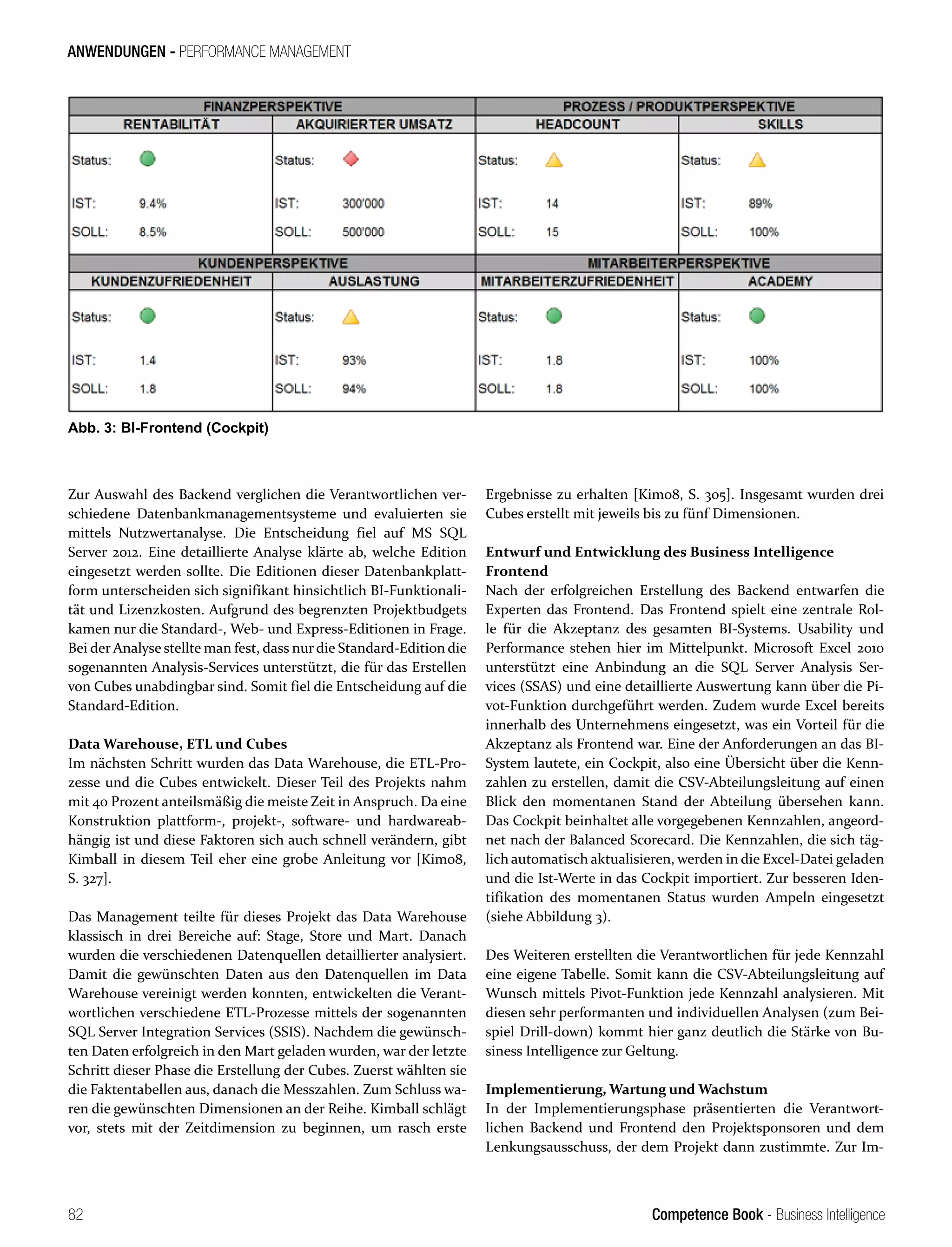 Competence Book - Business Intelligence
ANWENDUNGEN - PERFORMANCE MANAGEMENT
82
Zur Auswahl des Backend verglichen die Verantwortlichen ver-
schiedene Datenbankmanagementsysteme und evaluierten sie
mittels Nutzwertanalyse. Die Entscheidung fiel auf MS SQL
Server 2012. Eine detaillierte Analyse klärte ab, welche Edition
eingesetzt werden sollte. Die Editionen dieser Datenbankplatt-
form unterscheiden sich signifikant hinsichtlich BI-Funktionali-
tät und Lizenzkosten. Aufgrund des begrenzten Projektbudgets
kamen nur die Standard-, Web- und Express-Editionen in Frage.
Bei der Analyse stellte man fest, dass nurdie Standard-Edition die
sogenannten Analysis-Services unterstützt, die für das Erstellen
von Cubes unabdingbar sind. Somit fiel die Entscheidung auf die
Standard-Edition.
Data Warehouse, ETL und Cubes
Im nächsten Schritt wurden das Data Warehouse, die ETL-Pro-
zesse und die Cubes entwickelt. Dieser Teil des Projekts nahm
mit 40 Prozent anteilsmäßig die meiste Zeit in Anspruch. Da eine
Konstruktion plattform-, projekt-, software- und hardwareab-
hängig ist und diese Faktoren sich auch schnell verändern, gibt
Kimball in diesem Teil eher eine grobe Anleitung vor [Kim08,
S. 327].
Das Management teilte für dieses Projekt das Data Warehouse
klassisch in drei Bereiche auf: Stage, Store und Mart. Danach
wurden die verschiedenen Datenquellen detaillierter analysiert.
Damit die gewünschten Daten aus den Datenquellen im Data
Warehouse vereinigt werden konnten, entwickelten die Verant-
wortlichen verschiedene ETL-Prozesse mittels der sogenannten
SQL Server Integration Services (SSIS). Nachdem die gewünsch-
ten Daten erfolgreich in den Mart geladen wurden, war der letzte
Schritt dieser Phase die Erstellung der Cubes. Zuerst wählten sie
die Faktentabellen aus, danach die Messzahlen. Zum Schluss wa-
ren die gewünschten Dimensionen an der Reihe. Kimball schlägt
vor, stets mit der Zeitdimension zu beginnen, um rasch erste
Ergebnisse zu erhalten [Kim08, S. 305]. Insgesamt wurden drei
Cubes erstellt mit jeweils bis zu fünf Dimensionen.
Entwurf und Entwicklung des Business Intelligence
Frontend
Nach der erfolgreichen Erstellung des Backend entwarfen die
Experten das Frontend. Das Frontend spielt eine zentrale Rol-
le für die Akzeptanz des gesamten BI-Systems. Usability und
Performance stehen hier im Mittelpunkt. Microsoft Excel 2010
unterstützt eine Anbindung an die SQL Server Analysis Ser-
vices (SSAS) und eine detaillierte Auswertung kann über die Pi-
vot-Funktion durchgeführt werden. Zudem wurde Excel bereits
innerhalb des Unternehmens eingesetzt, was ein Vorteil für die
Akzeptanz als Frontend war. Eine der Anforderungen an das BI-
System lautete, ein Cockpit, also eine Übersicht über die Kenn-
zahlen zu erstellen, damit die CSV-Abteilungsleitung auf einen
Blick den momentanen Stand der Abteilung übersehen kann.
Das Cockpit beinhaltet alle vorgegebenen Kennzahlen, angeord-
net nach der Balanced Scorecard. Die Kennzahlen, die sich täg-
lich automatisch aktualisieren, werden in die Excel-Datei geladen
und die Ist-Werte in das Cockpit importiert. Zur besseren Iden-
tifikation des momentanen Status wurden Ampeln eingesetzt
(siehe Abbildung 3).
Des Weiteren erstellten die Verantwortlichen für jede Kennzahl
eine eigene Tabelle. Somit kann die CSV-Abteilungsleitung auf
Wunsch mittels Pivot-Funktion jede Kennzahl analysieren. Mit
diesen sehr performanten und individuellen Analysen (zum Bei-
spiel Drill-down) kommt hier ganz deutlich die Stärke von Bu-
siness Intelligence zur Geltung.
Implementierung, Wartung und Wachstum
In der Implementierungsphase präsentierten die Verantwort-
lichen Backend und Frontend den Projektsponsoren und dem
Lenkungsausschuss, der dem Projekt dann zustimmte. Zur Im-
Abb. 3: BI-Frontend (Cockpit)
 