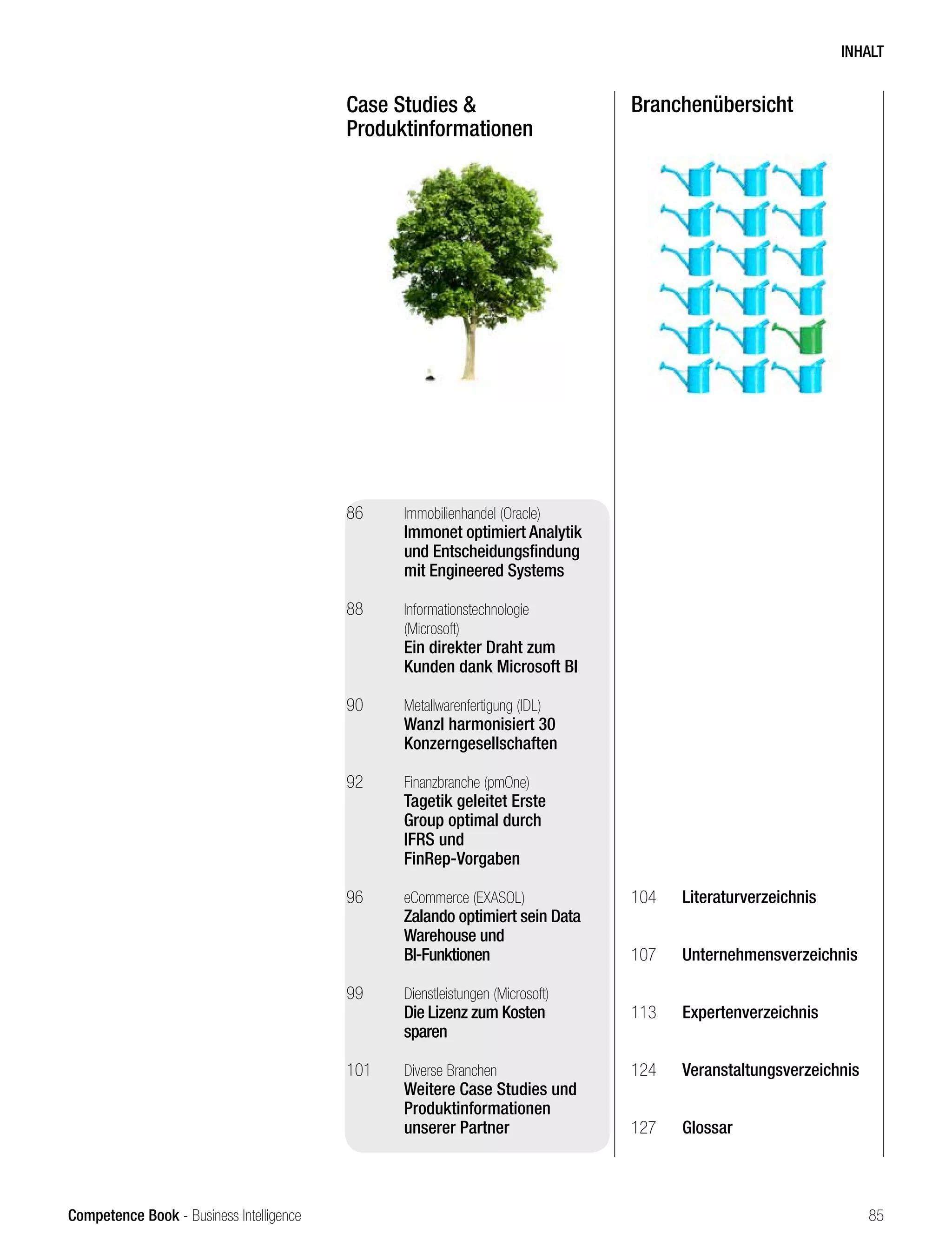 Competence Book - Business Intelligence
Case Studies 
Produktinformationen
Branchenübersicht
86	 Immobilienhandel (Oracle)
	 Immonet optimiert Analytik 	
	 und Entscheidungsfindung 	
	 mit Engineered Systems
88	 Informationstechnologie
	(Microsoft)
	 Ein direkter Draht zum
	 Kunden dank Microsoft BI
90	 Metallwarenfertigung (IDL)
	 Wanzl harmonisiert 30
	Konzerngesellschaften
92	 Finanzbranche (pmOne)
	 Tagetik geleitet Erste
	 Group optimal durch
	 IFRS und
	FinRep-Vorgaben
96	 eCommerce (EXASOL)
	 Zalando optimiert sein Data 	
	 Warehouse und
	BI-Funktionen
99	 Dienstleistungen (Microsoft)
	 Die Lizenz zum Kosten 		
	sparen
101	 Diverse Branchen
	 Weitere Case Studies und 	
	Produktinformationen
	 unserer Partner
104	 Literaturverzeichnis
107	 Unternehmensverzeichnis
113	 Expertenverzeichnis
124	 Veranstaltungsverzeichnis
		
127	 Glossar
INHALT
85
 