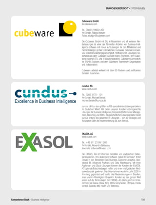 Competence Book - Business Intelligence
EXASOL AG
www.exasol.com
Tel.: +49 911.23 99 1 260
Ihr Kontakt: Alexandra Bellanova
alexandra.bellanova@exasol.com
Die EXASOL AG ist führender Hersteller von analytischen Daten-
banksystemen. Ihre skalierbare Software „Made In Germany“ findet
Einsatz in den Bereichen Data Business, Customer Analytics, Ope-
rational BI, Advanced Analytics und Data Warehousing. Mit ihren
Appliance- und Cloud-Lösungen können die Kunden der EXASOL
AG optimale Entscheidungen treffen und einen maßgeblichen Wett-
bewerbsvorteil gewinnen. Das Unternehmen wurde im Jahr 2000 in
Nürnberg gegründet und besitzt drei Niederlassungen in Brasilien,
Israel und im Vereinigten Königreich. Kunden auf der ganzen Welt
setzen auf die Technologien der EXASOL AG. Dazu gehören Unter-
nehmen wie Cacau Show, King, XING, Sony Music, Olympus, media
control, Zalando, IMS Health und Webtrekk.
cundus AG
www.cundus.com
Tel.: 0203 3175 - 124
Ihr Kontakt: Michael Bertels
michael.bertels@cundus.de
cundus zählt zu den größten auf BI-spezialisierten Lösungsanbietern
im deutschen Markt. Wir bieten unseren Kunden bedarfsgerechte
Lösungen für Business Intelligence, Corporate Performance Manage-
ment, Reporting und XBRL. Als ganzheitlicher Lösungsanbieter berät
cundus entlang des gesamten BI Lifecycles – von der Strategie und
Konzeption über die Implementierung bis zum Betrieb.
Cubeware GmbH
de.cubeware.com
Tel.: 08031/406601207
Ihr Kontakt: Rabea Veutgen
Rabea.Veutgen@cubeware.com
Die Cubeware GmbH mit Sitz in Rosenheim und elf weiteren Nie-
derlassungen ist einer der führenden Anbieter von Business-Intel-
ligence-Software mit Fokus auf Lösungen für den Mittelstand und
Fachabteilungen großer Unternehmen. Cubeware bietet ein innovati-
ves, branchenunabhängiges Komplett-Portfolio für BI-Lösungen, be-
stehend aus dem Cubeware Cockpit V6pro (Frontend), dem Cube-
ware Importer (ETL und BI-Datenintegration), Cubeware Connectivity
for SAP® Solutions und dem Cubeware Teamserver (Organisation
und Kollaboration).
Cubeware arbeitet weltweit mit über 60 Partnern und zertifizierten
Beratern zusammen.
BRANCHENÜBERSICHT - UNTERNEHMEN
109
 