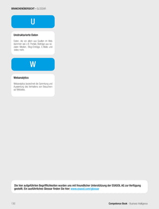 Competence Book - Business Intelligence
U
Unstrukturierte Daten
Daten, die vor allem aus Quellen im Web
stammen wie z.B. Portale, Beiträge aus so-
zialen Medien, Blog-Einträge, E-Mails und
vieles mehr.
W
Webanalytics
Webanalytics bezeichnet die Sammlung und
Auswertung des Verhaltens von Besuchern
auf Websites.
Die hier aufgeführten Begrifflichkeiten wurden uns mit freundlicher Unterstützung der EXASOL AG zur Verfügung
gestellt. Ein ausführliches Glossar finden Sie hier: www.exasol.com/glossar
BRANCHENÜBERSICHT - GLOSSAR
130
 