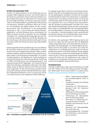 Competence Book - Business Intelligence
GRUNDLAGEN - SELF-SERVICE BI
42
Vorteile eines gemanagten SSBI
Anstelle von Schattensystemen ist die Einführung einer ge-
managten SSBI-Umgebung anzuraten. Die Vorteile liegen auf
der Hand. Ein wesentlicher Vorteil zeichnet sich dadurch aus,
dass Fachbereiche durch die Übernahme der Verantwortung
die notwendige Flexibilität zur Planung, Steuerung und Kon-
trolle von Geschäftsmodellen bei gleichzeitiger Sicherstellung
von Performanz, Stabilität und Effizienz seitens der IT erhal-
ten. Die Flexibilität und Agilität skaliert mit den verschie-
denen Ebenen einer BI-Architektur. In der entsprechenden
Darstellung (s. Abb. 1) wird zwischen den Ebenen Berichts-,
Applikations- und Data Warehouse Ebene unterschieden. Die
Fläche des blauen Dreiecks verdeutlicht, dass die Flexibilität
und Agilität mit zunehmenden Berechtigungen über die Ebe-
nen hinweg zunimmt. Während es auf der Berichtsebene um
die Generierung von Berichten oder Kennzahlen geht, können
Anwender auf der Data Warehouse Ebene sogar Datenmodelle
anpassen.
Erfahrungsgemäß sind diese Einführungen mit einem höheren
BI-Governance-Aufwand und einer umfassenderen Verschie-
bung der Verantwortungsbereiche verbunden. Neben architek-
tonischen Aspekten werden bei SSBI auch organisatorische As-
pekte explizit in die Betrachtung miteinbezogen. Ein wirklich
wichtiges Beispiel ist die Regelung der Verantwortlichkeiten
und auch Übernahme der Verantwortung. Mit der Einführung
von SSBI wird Fachbereichen, unter Berücksichtigung IT- und
organisationsspezifischer Regelungen, die Verantwortung für
eigene Entwicklungen und Ergebnisse übertragen. Diese Rege-
lungen werden im Rahmen dedizierter BI-Governance-Struk-
turen eingerichtet, die die Verantwortung zwischen Fachbe-
reich und IT aufteilen und über verbindliche Richtlinien regeln.
Die verbindlichen Richtlinien in Form von Governance-Struk-
turen bilden den Kern einer erfolgreichen SSBI-Einführung.
Im eingangs vorgestellten E-Commerce-Unternehmen benöti-
gen die Anwender zur Durchführung der gewünschten Analy-
sen die größtmögliche Flexibilität, um Daten des derzeitigen
Geschäftsmodells mit Daten ihrer Infrastruktur zu verknüpfen.
In den meisten Unternehmen werden die Daten zur Steuerung
und Überwachung der IT-Infrastruktur jedoch nicht im BI-Sys-
tem vorgehalten, da es nur zur Planung, Steuerung und Kont-
rolle des aktuellen Geschäftsmodells verwendet wird. Genau
diese beiden Datenhaltungen müssen nun aber zusammen ge-
führt werden, um die Machbarkeit oder wechselseitige Effekte
der Geschäftsmodelle E-Commerce und Cloud-Dienstleistung
zu untersuchen. Informationsbedarfe solcher geschäftlichen
Innovationen müssen i.d.R. schnell befriedigt werden und las-
sen sich nicht den Releasezyklen der IT unterwerfen.
Im Rahmen einer gemanagten SSBI-Umgebung kommt der
Vorteil zum Tragen, dass der Anwender über die Möglichkeit
verfügt entsprechend seiner Informationsbedarfe zeitnah An-
passungen und Verknüpfungen von Datenmodellen durchzu-
führen und neue Kennzahlen zu entwickeln. Eine solche Fle-
xibilität kann nur nachhaltig performant, stabil und effizient
gewährleistet werden, wenn die BI-Landschaft darauf ausgelegt
ist und eine Balance zwischen den Anforderungen der Fachbe-
reiche und der IT durch eine entsprechende strategische Pla-
nung des BI erzielt wird. Die Vorgehensweise der cundus AG
im Rahmen der strategischen Planung einer solchen BI-Land-
schaft wird im folgenden Abschnitt beschrieben.
Strategieberatung
Vorherige Ausführungen zeigen, dass die Einführung von SSBI
weit mehr umfasst als die reine Softwareauswahl. Die folgen-
den Absätze geben einen kurzen Einblick in ein phasenweises
Vorgehen einer ganzheitlichen Einführung von SSBI, um
•	 höhere Reaktionsgeschwindigkeit
	 auf Geschäftsereignisse (Time to
	 Market),
•	 schnellere und agilere Entwicklung
	 von Berichten,
•	 Gewinnung von Informationsvor-
	 sprüngen durch die Integration
	 eigener Daten,
•	 Erhöhung der Informationsqualität
	 durch Anreicherung von Daten,
•	 Verbesserung der Datenqualität
	 durch ein Data Stewardship,
•	 Übernahme von Reportingverant-
	 wortung durch den Anwender,
•	 Stabilität und Performance der BI
	Architektur,
•	 Konsistenz und Ordnungsmäßig-
	 keit der Berichte und
•	 verursachungsgerechte Verteilung
	 der Build-Kosten und Verantwort-
	 ung zu erreichen.
Abb. 1 Flexibilität und Agilität entlang der Ebenen einer BI- Architektur
 