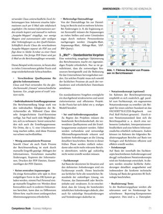 Competence Book - Business Intelligence
ANWENDUNGEN - REPORTING UND KENNZAHLEN
71
verwendet Claus unterschiedliche Excel-Ar-
beitsmappen bzw. bekommt einzelne Infor-
mationen auch per E-Mail oder telefonisch
zugeliefert. Die meisten Informationen wer-
den einzeln kopiert und manuell in mehrere
„Ausgabe-Mappen“ eingefügt, nur wenige
Mappen sind automatisiert oder verfügen
über Verknüpfungen zu den Quell-Dateien.
Schließlich druckt Claus die verschiedenen
Ausgabe-Mappen separat als PDF aus und
fügt diese in Adobe Acrobat zu einer Datei
zusammen. Die fertige PDF-Datei wird per
E-Mail an die Berichtsempfänger versendet.
Dieses Beispiel wirktextrem, ist heuteaber
in vielen Unternehmen gelebte Praxis und
zeigt wiederkehrende Schwachstellen:
• Verschiedene Quellsysteme für
gleiche Informationen
Claus und Paul verwenden für die glei-
che Kennzahl „Umsatz“ unterschiedliche
Systeme. Ein „single point of truth“ exis-
tiert nicht.
• Individualisierte Erstellungsprozesse
Die Berichtserstellung hängt stark von
den individuellen Fähigkeiten der Be-
richtersteller ab. Während Claus über
sehr fortgeschrittene Excel-Kenntnisse
verfügt, hat Paul noch viele Möglichkei-
ten, sich zu verbessern. Somit unterschei-
den sich auch die Erstellungsprozesse.
Für Dritte, die u. U. eine Urlaubsvertre-
tung machen sollen, sind diese Prozesse
nur schwer nachvollziehbar.
• Wenig automatisierte Prozesse
Sowohl Claus‘ als auch Pauls Prozess
der Berichtserstellung ist stark durch
manuelle Eingriffe geprägt: Abfragen der
Informationen, Vornehmen manueller
Änderungen, Kopieren der Informatio-
nen, Drucken der PDF-Dateien, Zusam-
menfügen der PDF-Dateien.
• Keine zentralen Anpassungen
Da einige Kennzahlen sehr spät in ihrer
endgültigen Form in das HR-System ge-
laden werden, nimmt Paul Personal eini-
ge manuelle Eingaben vor. Werden diese
Kennzahlen auch in anderen Dokumen-
ten berichtet, kann dies zu Differenzen
führen bzw. macht einen umfangreichen
Abstimmungsprozess erforderlich.
• Mehrstufige Datenabfrage
Von der Datenabfrage bis zur Darstel-
lung im Bericht sind es mehrere Schritte.
Bei Änderungen (z. B. die Ergänzung ei-
ner Kennzahl) müssen die Anpassungen
an vielen Stellen und unter Umständen
sogar durch mehrere Personenkreise
nachgezogen werden (Ausgabe-Blatt,
Anpassungs-Blatt, Abfrage-Blatt, SAP-
BW-Query).
3. „Wie?“ – Standardisiertes Vorgehen
Eine weitsichtig ausgelegte Optimierung
des Berichtswesens macht ein eigenstän-
diges Projekt erforderlich. Nur so ist ge-
währleistet, dass die notwendigen Res-
sourcen bereitgestellt und die Bedeutung
für das Unternehmen hervorgehoben wer-
den. Ein solches Projekt muss sich sowohl
der fachlichen Prozesse als auch der vor-
handenen und erforderlichen Datenbasis
annehmen.
Ein standardisiertes Vorgehen ermöglicht
ein durchgehend strukturiertes und somit
zielorientiertes und effizientes Projekt.
In der Praxis hat sich dabei ein 5- stufiges
Modell bewährt:
• Ist- und Anforderungsanalyse
Zu Beginn des Projektes müssen die
bestehende Berichtslandschaft, die ver-
wendeten Quellsysteme und die Erstel-
lungsprozesse analysiert werden. Dabei
werden vorhandene und notwendige
Alleinstellungsmerkmale erkannt und
konkrete Anforderungen an die Lösung
detailliert beschrieben. Bereits in dieser
frühen Phase werden vielfach redun-
dante oder nicht mehr relevante Berich-
te identifiziert, welche ggf. zukünftig
nicht weiter erstellt werden müssen.
• Fachkonzept
Auf Basis der skizzierten Ist-Situation und
den definierten Anforderungen wird ein
Fachkonzept erstellt. Dieses beschreibt
aus fachlicher Sicht alle wesentlichen Be-
standteile der zukünftigen Lösung, wie
Prozesse, das Datenmodell oder Bericht-
sinhalte und -strukturen. Es ist entschei-
dend, dass die Lösung die bestehenden
inhaltlichen Anforderungen abdeckt, aber
auch für zukünftige Herausforderungen
und Veränderungen skalierbar ist.
• Notationskonzept (optional)
Im Rahmen der Berichtsoptimierung
empfiehlt es sich zusätzlich, ggf. paral-
lel zum Fachkonzept, ein sogenanntes
Notationskonzept zu erstellen (als Bei-
spiel für einen solchen Standard sei das
HICHERT®SUCCESS-Regelwerk von
Prof. Rolf Hichert genannt). Durch ei-
nen Notationsstandard lässt sich die
Berichtsqualität u. a. durch eine ver-
besserte Lesbarkeit, Interpretationsver-
bindlichkeit und eine höhere Informati-
onsdichte erheblich verbessern. Zudem
können im Rahmen der folgenden Re-
alisierungsphase Berichte auf Basis von
Vorlagen und Richtlinien effizient und
effektiv erstellt werden.
• Feinkonzept
Auf Basis der innerhalb des Fachkon-
zepts beschriebenen Anforderungen und
des ggf. vorhandenen Notationskonzepts
wird ein Feinkonzept entwickelt. In die-
sem werden einzelne fachliche Anfor-
derungen detailliert ausgearbeitet und
insbesondere die konkrete technische
Lösung auf Basis der genutzten BI-Tech-
nologie beschrieben.
• Realisierung/ Tests
In der Realisierungsphase werden alle
relevanten und im Feinkonzept be-
schriebenen Reporting-Komponenten
umgesetzt. Dies sind u. a. Datenplatt-
Abb. 1: Fiktives Beispiel von Prozes-
sen im Berichtswesen
 