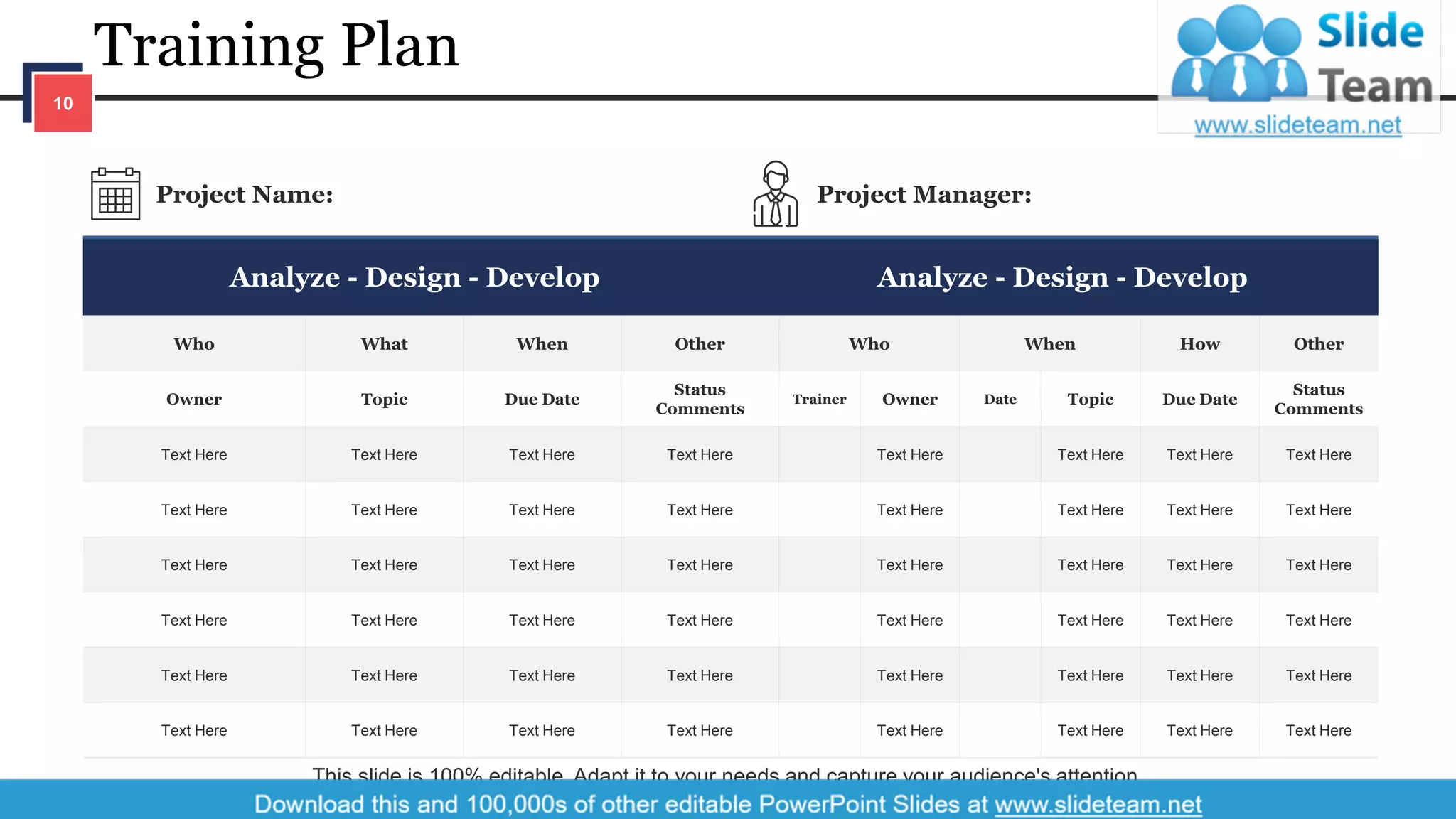 Training Plan
Analyze - Design - Develop Analyze - Design - Develop
Who What When Other Who When How Other
Owner Topic Due Date
Status
Comments
Trainer Owner Date Topic Due Date
Status
Comments
Text Here Text Here Text Here Text Here Text Here Text Here Text Here Text Here
Text Here Text Here Text Here Text Here Text Here Text Here Text Here Text Here
Text Here Text Here Text Here Text Here Text Here Text Here Text Here Text Here
Text Here Text Here Text Here Text Here Text Here Text Here Text Here Text Here
Text Here Text Here Text Here Text Here Text Here Text Here Text Here Text Here
Text Here Text Here Text Here Text Here Text Here Text Here Text Here Text Here
Project Name: Project Manager:
This slide is 100% editable. Adapt it to your needs and capture your audience's attention.
10
 