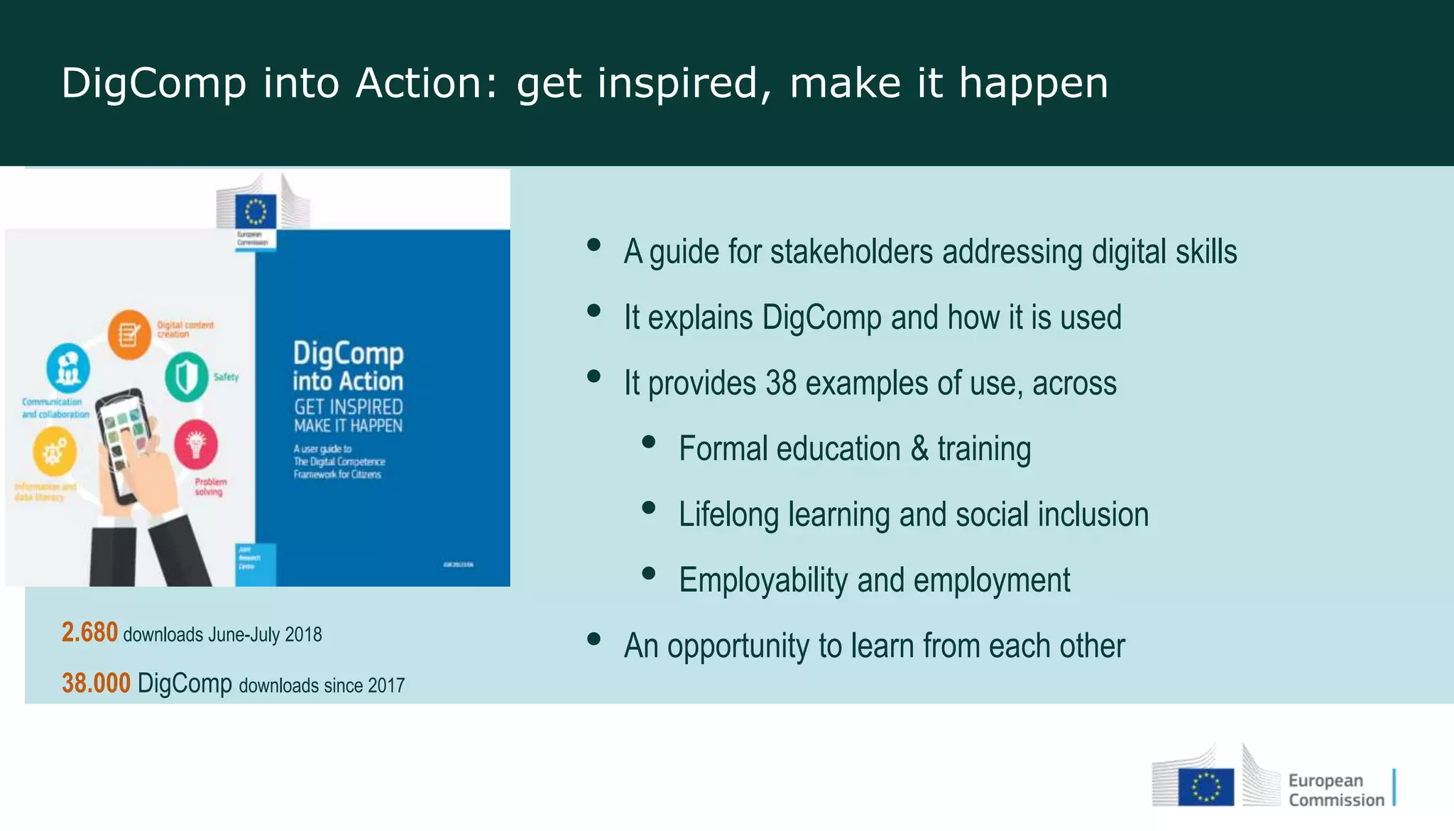 DigComp into Action: get inspired, make it happen
• A guide for stakeholders addressing digital skills
• It explains DigComp and how it is used
• It provides 38 examples of use, across
• Formal education & training
• Lifelong learning and social inclusion
• Employability and employment
• An opportunity to learn from each other2.680 downloads June-July 2018
38.000 DigComp downloads since 2017
 