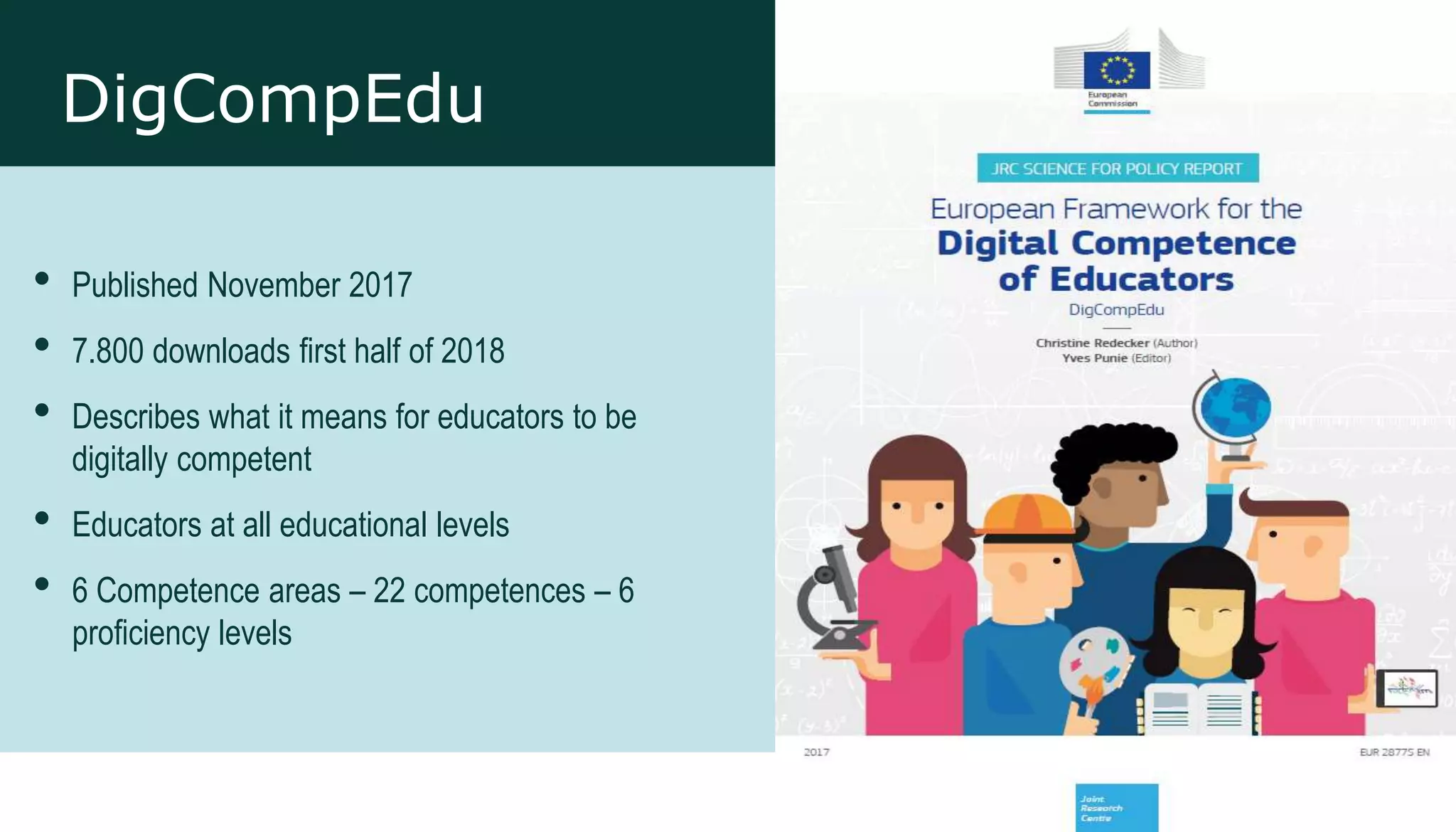 DigCompEdu
• Published November 2017
• 7.800 downloads first half of 2018
• Describes what it means for educators to be
digitally competent
• Educators at all educational levels
• 6 Competence areas – 22 competences – 6
proficiency levels
 
