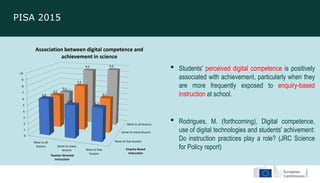 PISA 2015
• Students' perceived digital competence is positively
associated with achievement, particularly when they
are more frequently exposed to enquiry-based
instruction at school.
• Rodrigues, M. (forthcoming), Digital competence,
use of digital technologies and students' achivement:
Do instruction practices play a role? (JRC Science
for Policy report)
None to few lessons
Some to many lessons
Most to all lessons
0
1
2
3
4
5
6
7
8
9
10
Most to all
lessons Some to many
lessons None to few
lessons
5.9
5.3
5.3
5.5
7.4
5.7
5.1
9.3 9.6
Enquiry-Based
Instruction
Teacher-Directed
Instruction
Association between digital competence and
achievement in science
 