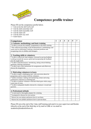 Competence profile trainer
Please fill out the competence profile below.
1 = I do not do the skill well at all
2 = I do the skill somewhat well
3 = I do the skill reasonably well
4 = I do the skill well
4 = I do the skill very well
? = I don't know

Competence                                                              1   2   3   4   5   ?
1. Contents: methodology and basic training
* Is able to execute the modules’ programmes in the basic training.
* Has sufficient knowledge of the Kindertelefoon’s methodology and
issues such as child abuse, bullying, emotional problems and
recognising crisis in children and teenagers.

2. Teaching skills to volunteers
* Is able to effectively lead roleplays: focussed on giving feedback,
working towards the success spiral and incorporating the feedback
into the taught skills.
* Is able to lead discussions: introducing, asking critical thinking
questions, drawing conclusions.
* Is able to give clear instructions for assignments and effectively
discuss the assignments.

3. Motivating volunteers to learn
* Is able to make a challenging start: with conviction about his
programme and in contact with the volunteers.
* tackles resistance: making and maintaining contact and using
constructive criticism as a learning tool.
* Is able to confront volunteers with their blind spots while using a
warm tone of voice.
* Is able to adequately handle criticism by volunteers: reward and
question.

4. Professional attitude
* Is motivated to thoroughly prepare for a training.
* Is prepared to discuss his own actions.
* Knows his own talents and knows how to use them.
* Knows his own pitfalls and knows how to prevent them.

Please fill out at the end of the 3-day staff training and send it to your supervisor and Remko
(directly at the end of the third day or by mail to LBK or via email to:
academie@kindertelefoon.nl)
 