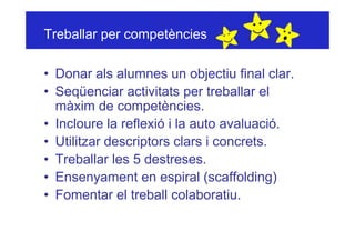 Treballar per competències

• Donar als alumnes un objectiu final clar.
• Seqüenciar activitats per treballar el
  màxim de competències.
• Incloure la reflexió i la auto avaluació.
• Utilitzar descriptors clars i concrets.
• Treballar les 5 destreses.
• Ensenyament en espiral (scaffolding)
• Fomentar el treball colaboratiu.
 