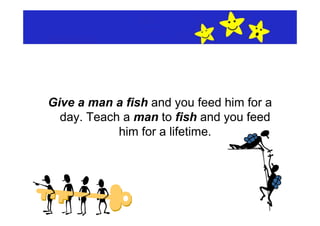 Give a man a fish and you feed him for a
  day. Teach a man to fish and you feed
            him for a lifetime.
 