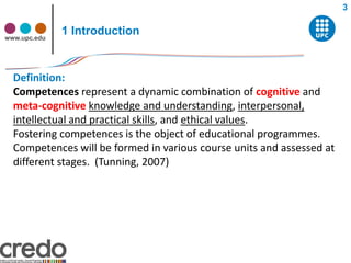 3


www.upc.edu
              1 Introduction


  Definition:
  Competences represent a dynamic combination of cognitive and
  meta-cognitive knowledge and understanding, interpersonal,
  intellectual and practical skills, and ethical values.
  Fostering competences is the object of educational programmes.
  Competences will be formed in various course units and assessed at
  different stages. (Tunning, 2007)
 
