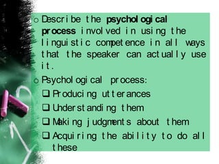o Descr i be t he psychol ogi cal
process i nvol ved i n usi ng t he
l i ngui st i c compet ence i n al l ways
t hat t he speaker can act ual l y use
i t .
o Psychol ogi cal pr ocess:
 Pr oduci ng ut t er ances
 Under st andi ng t hem
 Maki ng j udgment s about t hem
 Acqui r i ng t he abi l i t y t o do al l
t hese
 