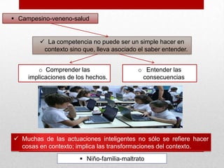  Campesino-veneno-salud
 La competencia no puede ser un simple hacer en
contexto sino que, lleva asociado el saber entender.
o Comprender las
implicaciones de los hechos.
o Entender las
consecuencias
 Muchas de las actuaciones inteligentes no sólo se refiere hacer
cosas en contexto; implica las transformaciones del contexto.
 Niño-familia-maltrato
 