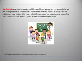 Inteligência constitui um potencial biopsicológico que no ser humano ajuda-o a
resolver problemas. Dessa forma representa atributo inato à espécie e assim
nascemos com nossas diferentes inteligências, cabendo ao ambiente no qual se
inclui naturalmente a escola, mais acentuadamente estimulá-las.

http://www.celsoantunes.com.br/pt/textos_exibir.php?tipo=TEXTOS&id=60

 
