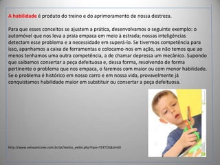 A habilidade é produto do treino e do aprimoramento de nossa destreza.
Para que esses conceitos se ajustem a prática, desenvolvamos o seguinte exemplo: o
automóvel que nos leva a praia empaca em meio à estrada; nossas inteligências
detectam esse problema e a necessidade em superá-lo. Se tivermos competência para
isso, apanhamos a caixa de ferramentas e colocamo-nos em ação, se não temos que ao
menos tenhamos uma outra competência, a de chamar depressa um mecânico. Supondo
que saibamos consertar a peça defeituosa e, dessa forma, resolvendo de forma
pertinente o problema que nos empaca, o faremos com maior ou com menor habilidade.
Se o problema é histórico em nosso carro e em nossa vida, provavelmente já
conquistamos habilidade maior em substituir ou consertar a peça defeituosa.

http://www.celsoantunes.com.br/pt/textos_exibir.php?tipo=TEXTOS&id=60

 