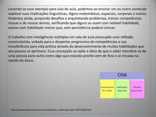 Levando-se esse exemplo para sala de aula, podemos ao ensinar um ou outro conteúdo
explorar suas implicações linguísticas, lógico-matemáticas, espaciais, corporais e outras.
Podemos ainda, propondo desafios e arquitetando problemas, treinar competências
nossas e de nossos alunos, verificando que alguns as usam com notável habilidade,
outros com habilidade menor que, com persistência poderá crescer.
O trabalho com inteligências múltiplas em sala de aula pressupõe uma reflexão
construtivista, voltada para o despertar progressivo de competências e sua
transferência para vida prática através do desenvolvimento de muitas habilidades que
aos poucos se aprimora. Essa concepção se opõe a ideia de que o saber transfere-se de
uma pessoa para outra como algo que estando pronto vem de fora e se encaixa na
mente do aluno.

http://www.celsoantunes.com.br/pt/textos_exibir.php?tipo=TEXTOS&id=60

 
