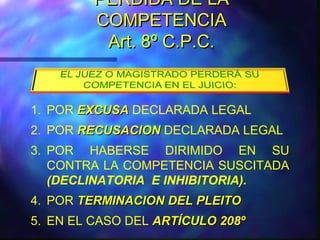 PÉRDIDA DE LA
COMPETENCIA
Art. 8º C.P.C.

1. POR EXCUSA DECLARADA LEGAL
2. POR RECUSACION DECLARADA LEGAL
3. POR HABERSE DIRIMIDO EN SU
CONTRA LA COMPETENCIA SUSCITADA
(DECLINATORIA E INHIBITORIA).
4. POR TERMINACION DEL PLEITO
5. EN EL CASO DEL ARTÍCULO 208º

 