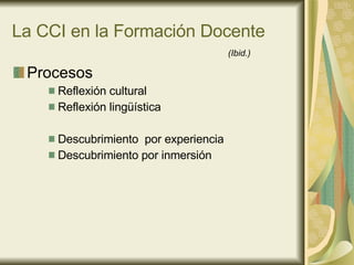 La CCI en la Formación Docente Procesos Reflexión cultural Reflexión lingüística Descubrimiento  por experiencia  Descubrimiento por inmersión (Ibid.) 