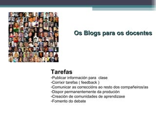 Os Blogs para os docentes Tarefas Publicar información para  clase Corrixir tarefas ( feedback ) Comunicar as correccións ao resto dos compañeiros/as Dispor permanentemente da produción Creación de comunidades de aprendizaxe Fomento do debate  