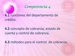 Competencia 4
4.1 funciones del departamento de
crédito.
4.2 concepto de cobranza, estado de
cuenta y control de cobranza.
4.3 métodos para el control de cobranza.
 
