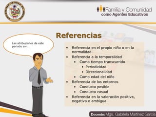 Referencias
• Referencia en el propio niño o en la
normalidad.
• Referencia a la temporalidad
• Como tiempo transcurrido
• Periodicidad
• Direccionalidad
• Como edad del niño
• Referencia de los entornos
• Conducta posible
• Conducta casual
• Referencia en la valoración positiva,
negativa o ambigua.
Las atribuciones de este
periodo son:
 