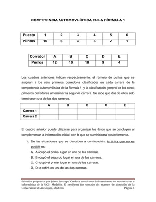 Solución propuesta por Jaime Restrepo Cardona estudiante de licenciatura en matemáticas e
informática de la UCC- Medellín. El problema fue tomado del examen de admisión de la
Universidad de Antioquia, Medellín. Página 1
COMPETENCIA AUTOMOVILÍSTICA EN LA FÓRMULA 1
Puesto 1 2 3 4 5 6
Puntos 10 6 4 3 2 1
Corredor A B C D E
Puntos 12 10 10 9 4
Los cuadros anteriores indican respectivamente: el número de puntos que se
asignan a los seis primeros corredores clasificados en cada carrera de la
competencia automovilística de la fórmula 1, y la clasificación general de los cinco
primeros corredores al terminar la segunda carrera. Se sabe que dos de ellos solo
terminaron una de las dos carreras.
A B C D E
Carrera 1
Carrera 2
El cuadro anterior puede utilizarse para organizar los datos que se concluyen al
complementar la información inicial, con la que se suministrará posteriormente.
1. De las situaciones que se describen a continuación, la única que no es
posible es:
A. A ocupó el primer lugar en una de las carreras.
B. B ocupó el segundo lugar en una de las carreras.
C. C ocupó el primer lugar en una de las carreras.
D. D se retiró en una de las dos carreras.
 