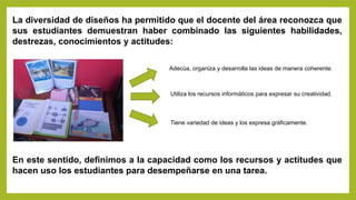 La diversidad de diseños ha permitido que el docente del área reconozca que
sus estudiantes demuestran haber combinado las siguientes habilidades,
destrezas, conocimientos y actitudes:
Adecúa, organiza y desarrolla las ideas de manera coherente.
Utiliza los recursos informáticos para expresar su creatividad.
Tiene variedad de ideas y los expresa gráficamente.
En este sentido, definimos a la capacidad como los recursos y actitudes que
hacen uso los estudiantes para desempeñarse en una tarea.
 