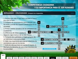 REPASANDO – CRUCIGRAMA                    Compara tus respuestas.                                                     PAGINA 8




    1. Persona que sabe lo que hace, porque lo hace y                                                   5
    para que lo hace.                                                                                   I
    2. Conjunto de conocimientos para convivir con  6                                                   D
    los otros y actuar de manera constructiva en la R                                                   E
    sociedad.                                       E     1 C OMP                                  E T ENT E
    3. Primer ámbito temático de las competencias S                                                     T
    ciudadanas.                                     P                                                7  I
    4. Diferencia de ideas y posturas   2 C OM P E T E N C I A C I                                 UDADANA
    respecto algún tema o de la vida misma.         T                                                E A
                                                    O                                                M D
    5. Conjunto de cualidades y rasgos propios de                                                    O
    un individuo o una comunidad.                                      3 CONV I V E                NC I A Y PAZ
    6. Valor mas importante para ejercer relaciones de                                               R
    convivencia y paz con los demás.                                    4 P L URA L I              DAD
    7. Estilo de vida que tiene en cuenta el respeto, la                                             C
    libertad y los derechos de uno o mas miembros de                                                 I
    la comunidad.                                                           OCULTAR RESPUESTAS       A


INICIO

          PAGINA 1   PAGINA 2   PAGINA 3   PAGINA 4   PAGINA 5   PAGINA 6    PAGINA 7   PAGINA 8   PAGINA 9   PAGINA 10   BIBLIOGRAFIA
 